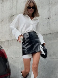 Sale Casual Solid Shirt With Faux Leather Mini Skirt Set Skirt Sets|Long Sleeve Sets