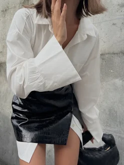 Sale Casual Solid Shirt With Faux Leather Mini Skirt Set Skirt Sets|Long Sleeve Sets