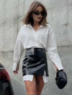 Sale Casual Solid Shirt With Faux Leather Mini Skirt Set Skirt Sets|Long Sleeve Sets