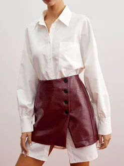 Sale Casual Solid Shirt With Faux Leather Mini Skirt Set Skirt Sets|Long Sleeve Sets