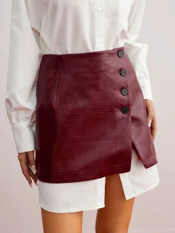 Sale Casual Solid Shirt With Faux Leather Mini Skirt Set Skirt Sets|Long Sleeve Sets