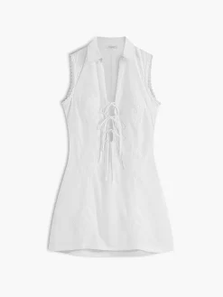 Casual Tie Front Embroidery Short Dress White Dresses|Casual Dresses