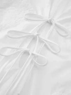 Casual Tie Front Embroidery Short Dress White Dresses|Casual Dresses