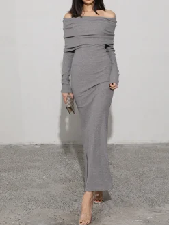 Best Charcoal Off Shoulder Overfold Long Sleeve Long Dress Casual Dresses|Cocktail & Party Dresses