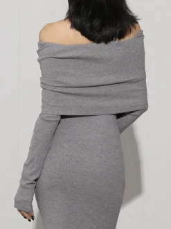 Best Charcoal Off Shoulder Overfold Long Sleeve Long Dress Casual Dresses|Cocktail & Party Dresses