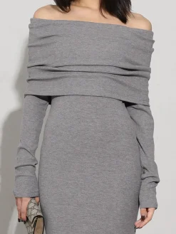 Best Charcoal Off Shoulder Overfold Long Sleeve Long Dress Casual Dresses|Cocktail & Party Dresses