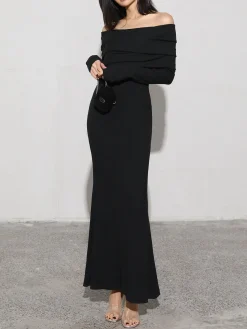 Best Charcoal Off Shoulder Overfold Long Sleeve Long Dress Casual Dresses|Cocktail & Party Dresses