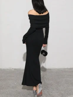 Best Charcoal Off Shoulder Overfold Long Sleeve Long Dress Casual Dresses|Cocktail & Party Dresses