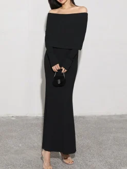 Best Charcoal Off Shoulder Overfold Long Sleeve Long Dress Casual Dresses|Cocktail & Party Dresses