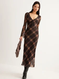 New Checked Bell-Sleeve Mesh Dress Casual Dresses|Cocktail & Party Dresses