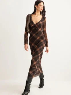 New Checked Bell-Sleeve Mesh Dress Casual Dresses|Cocktail & Party Dresses