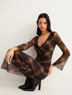 New Checked Bell-Sleeve Mesh Dress Casual Dresses|Cocktail & Party Dresses