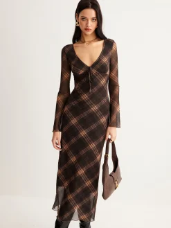 New Checked Bell-Sleeve Mesh Dress Casual Dresses|Cocktail & Party Dresses