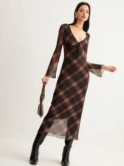 New Checked Bell-Sleeve Mesh Dress Casual Dresses|Cocktail & Party Dresses