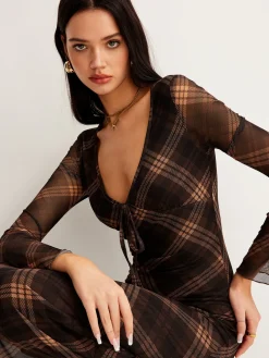 New Checked Bell-Sleeve Mesh Dress Casual Dresses|Cocktail & Party Dresses