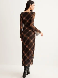 New Checked Bell-Sleeve Mesh Dress Casual Dresses|Cocktail & Party Dresses