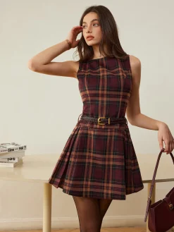 Checked Pleated Tank Dress Without Belt Casual Dresses|Work Dresses
