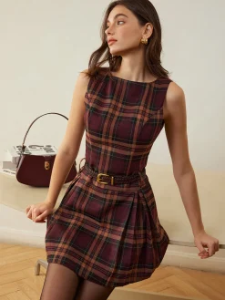 Checked Pleated Tank Dress Without Belt Casual Dresses|Work Dresses