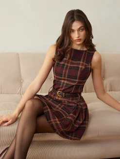 Checked Pleated Tank Dress Without Belt Casual Dresses|Work Dresses