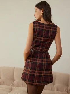Checked Pleated Tank Dress Without Belt Casual Dresses|Work Dresses