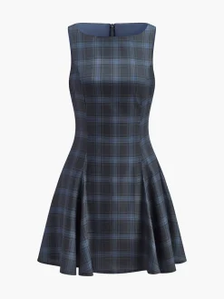 Sale Checked Pleated Zipper Tank Dress Dresses