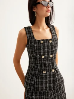 Best Checked Tweed Button Vest Outerwear|Vests