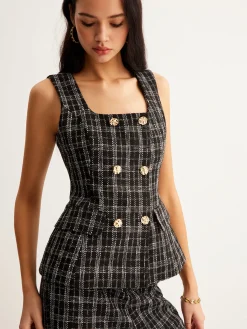 Best Checked Tweed Button Vest Outerwear|Vests