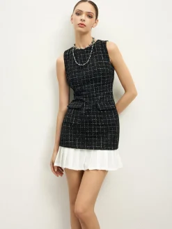 Best Checkered Tweed Panel Tank Dress Black Dresses|Casual Dresses