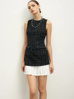 Best Checkered Tweed Panel Tank Dress Black Dresses|Casual Dresses