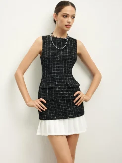 Best Checkered Tweed Panel Tank Dress Black Dresses|Casual Dresses