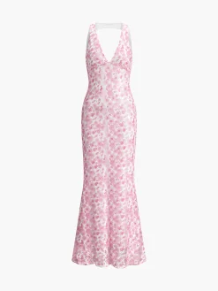 Cherry Blossom Halter Backless Long Dress Casual Dresses|Vacation Dresses