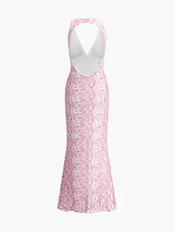 Cherry Blossom Halter Backless Long Dress Casual Dresses|Vacation Dresses