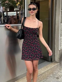 Best Cherry Print Cami Short Dress Black Dresses|Casual Dresses