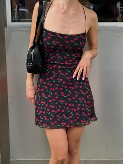 Best Cherry Print Cami Short Dress Black Dresses|Casual Dresses