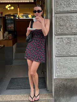 Best Cherry Print Cami Short Dress Black Dresses|Casual Dresses