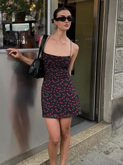 Best Cherry Print Cami Short Dress Black Dresses|Casual Dresses