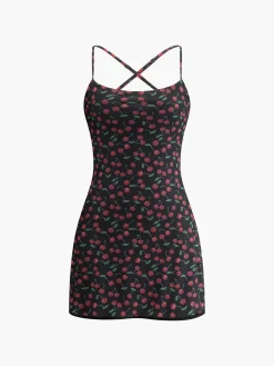 Best Cherry Print Cami Short Dress Black Dresses|Casual Dresses