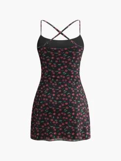 Best Cherry Print Cami Short Dress Black Dresses|Casual Dresses
