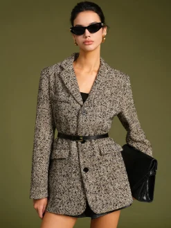 Hot Chevron Tweed Belted Blazer Outerwear|Blazers