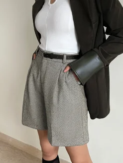 Discount Chevron Tweed Belted Knee Shorts Shorts|Bottoms