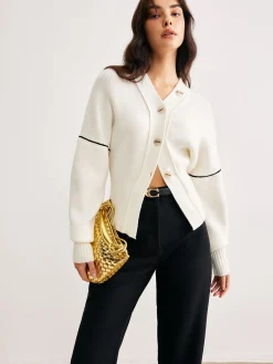 Online Chic Contrast Piping Button Cardigan Cardigans|Sweaters & Cardigans
