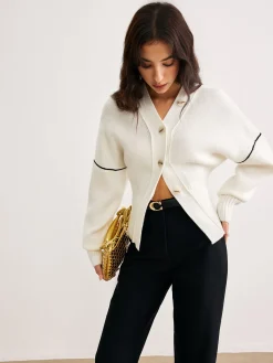 Clearance Chic Contrast Piping Button Cardigan Cardigans|Sweaters & Cardigans
