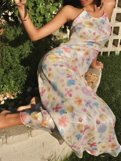 Sale Chiffon Backless Floral Dress Floral Dresses|Vacation Dresses