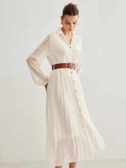 Chiffon Button Pleated Dress With Belt White Dresses|Casual Dresses