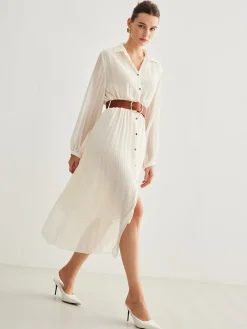 Chiffon Button Pleated Dress With Belt White Dresses|Casual Dresses