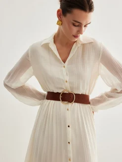 Chiffon Button Pleated Dress With Belt White Dresses|Casual Dresses