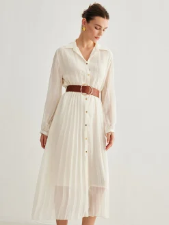 Chiffon Button Pleated Dress With Belt White Dresses|Casual Dresses