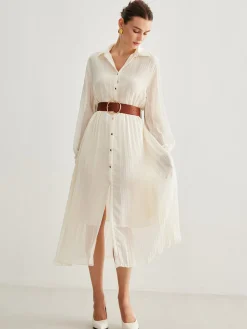 Chiffon Button Pleated Dress With Belt White Dresses|Casual Dresses