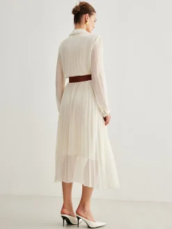 Chiffon Button Pleated Dress With Belt White Dresses|Casual Dresses