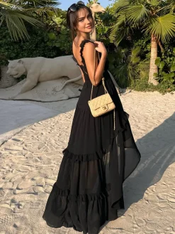 Outlet Chiffon High-Low Hem Cutout Long Dress Black Dresses|Vacation Dresses